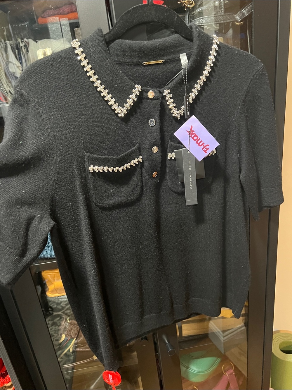 Elie Tahari Black Embellished Collar Pocket Sweater